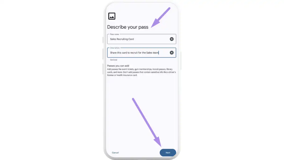 Create a name and description for your business card, then tap next